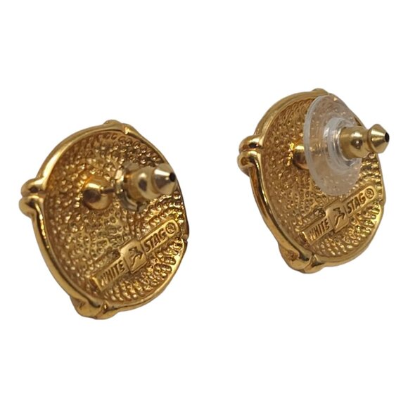 Vintage White Stag Blue Cabochon Nautical Pierced Earrings Gold Tone Studs - Picture 7 of 8